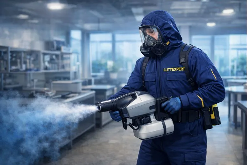 Équipe professionnelle LUTTEXPERT en intervention de désinfection et lutte contre les nuisibles